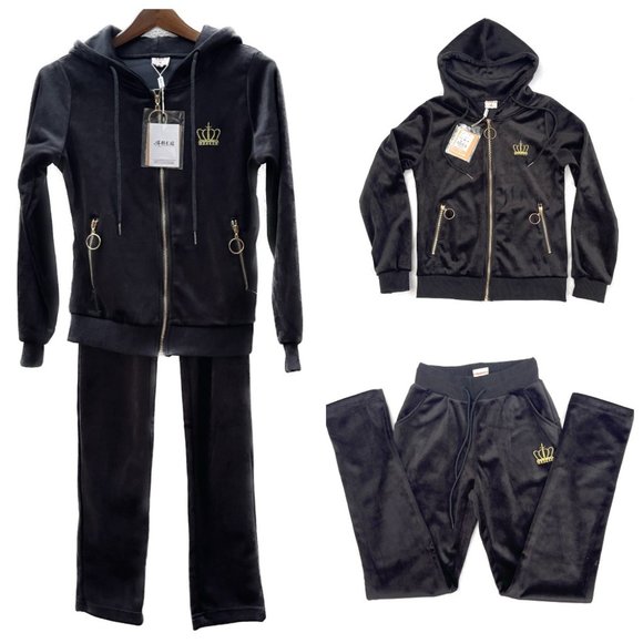 NWT velour black hooded crown embroidered trunk suit M